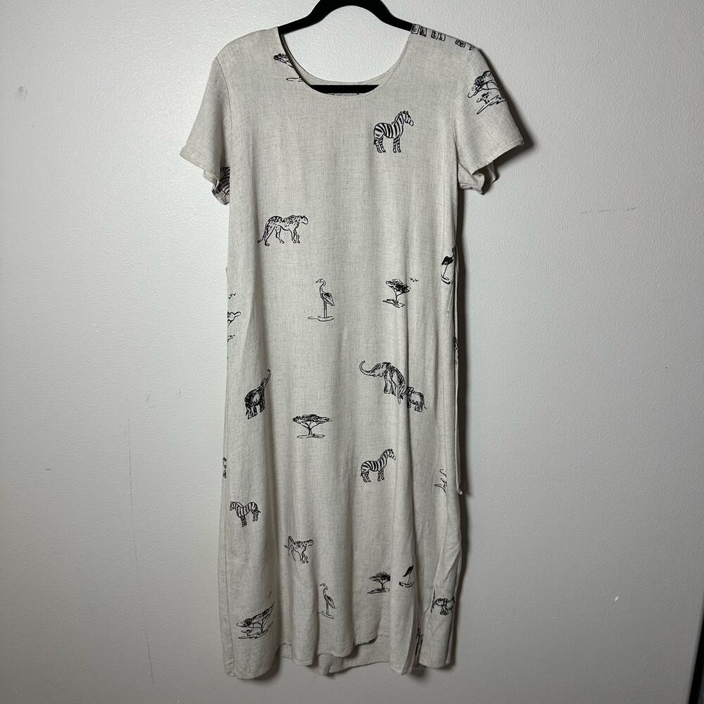 Vintage 90s Connie Choy Safari Animal Print Midi Dress Rayon Linen Tie Waist S M - Picture 7 of 16